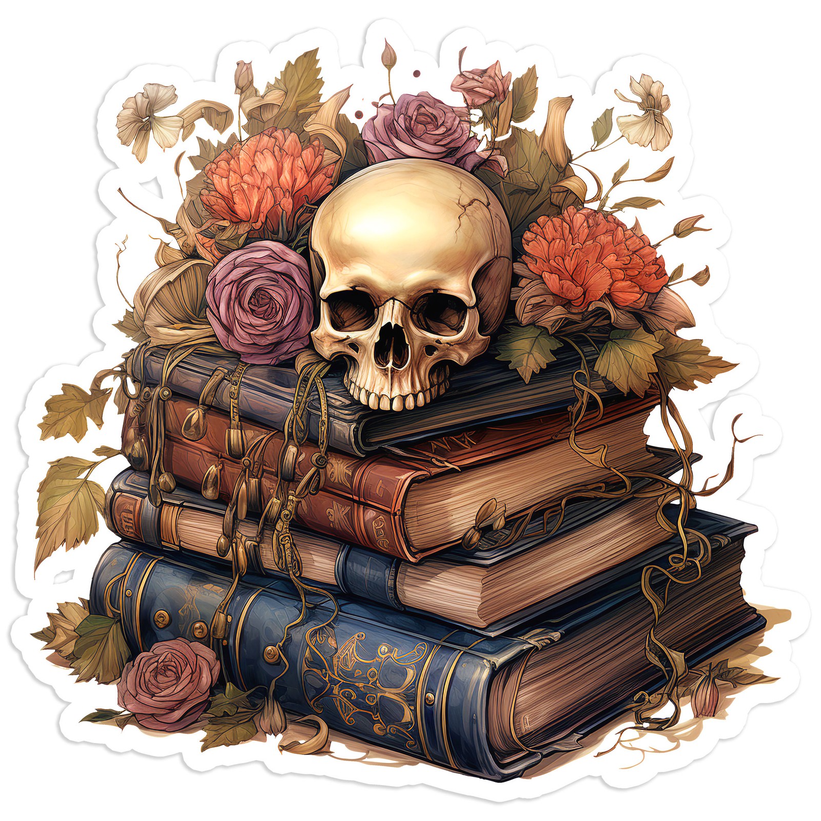 Autumn Flowers Skull Books – Vinyl Decal Sticker – Car Window Laptop – #249