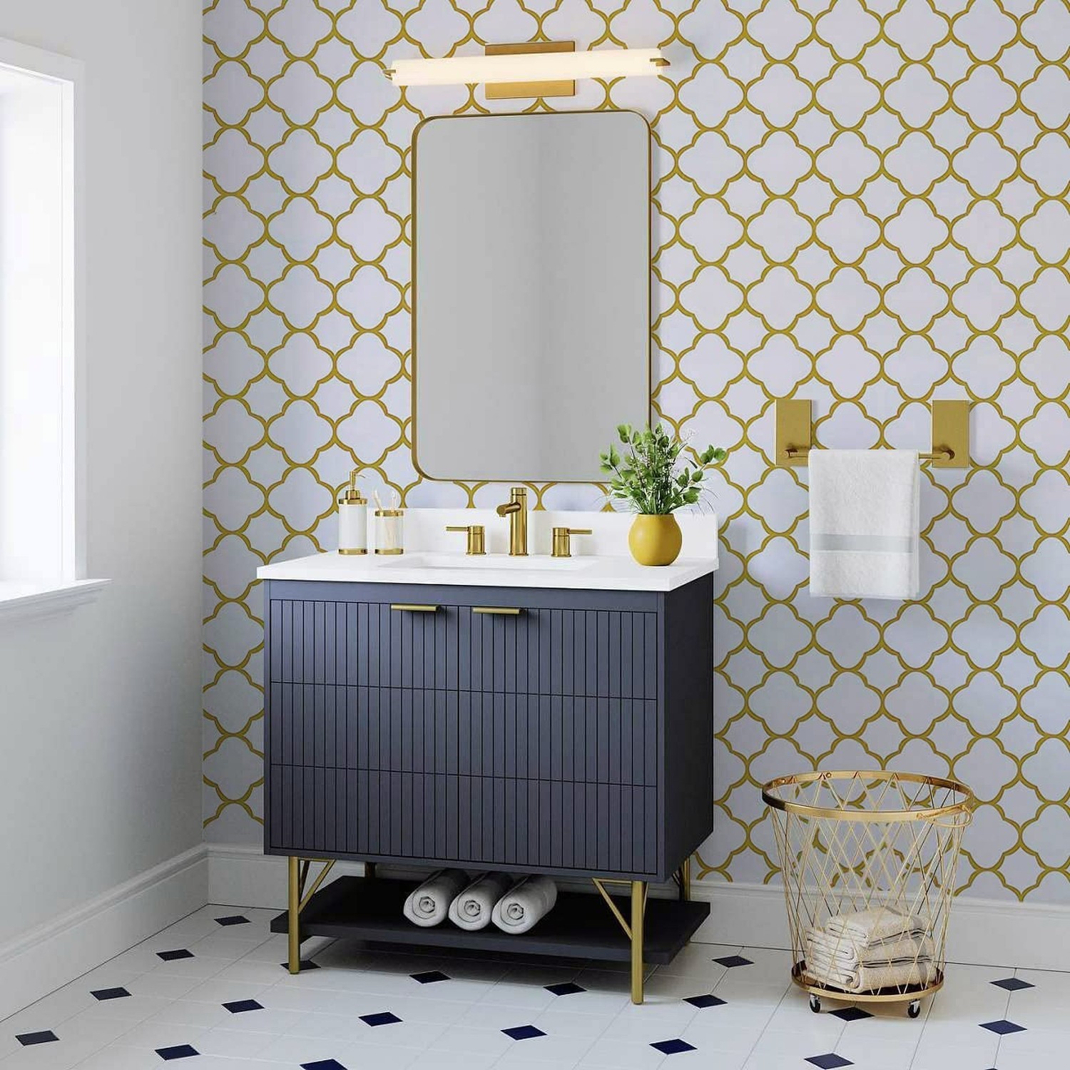 Safiyya 118"x17.7" Gold Peel and Stick Wallpaper White and Gold Pattern Conta…