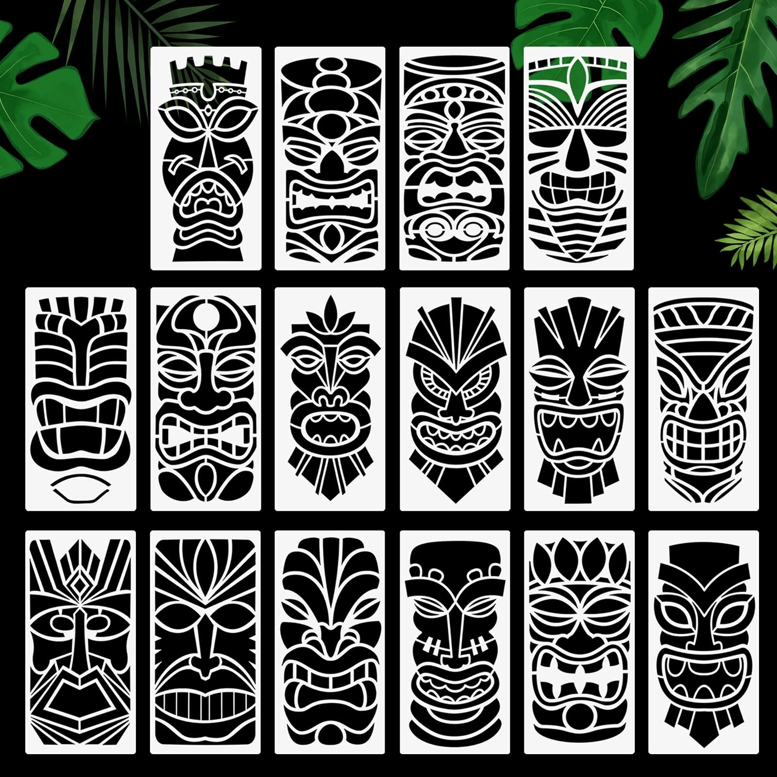 Tiki Tribe Stencils, 16 Pcs Tiki Totems Face with Open Mouth Stencils Reusabl…