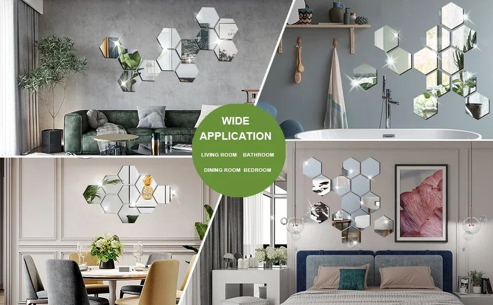 12pcs Hexagon Acrylic 3D Mirror Wall Sticker Home Decor Self-adhesive Mirror