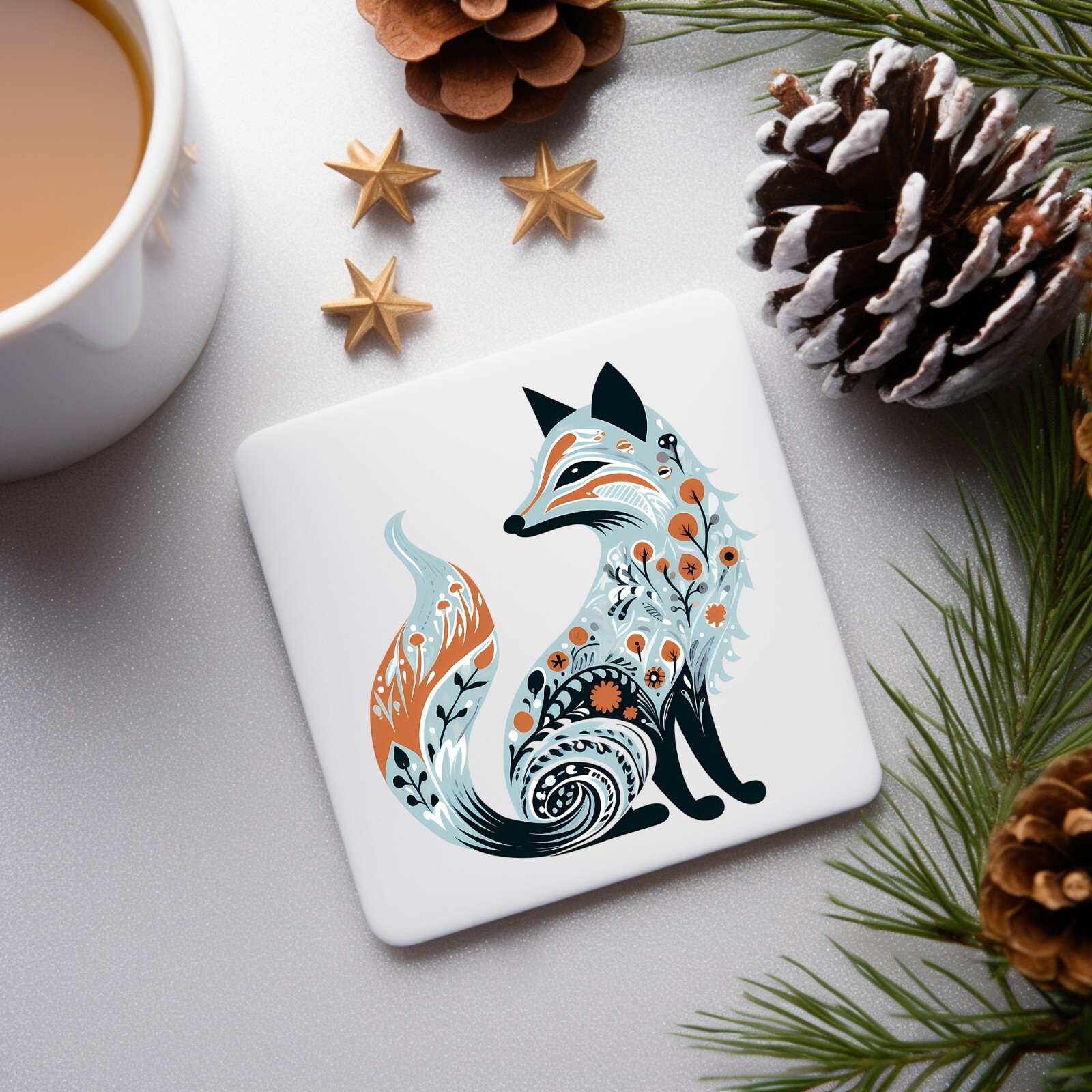 Christmas Blue Folk Art Fox UV DTF Transparent Sticker / Decal