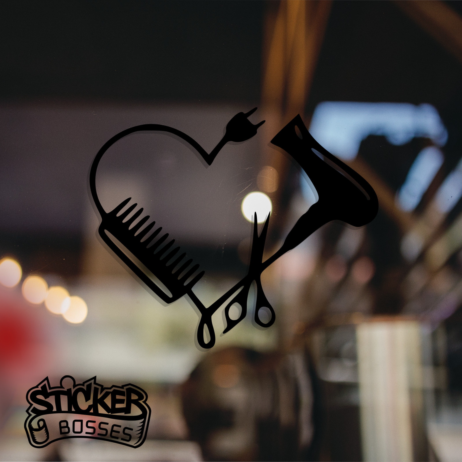 Hair Stylist Heart Scissors Comb Dryer Vinyl Decal Salon Sticker