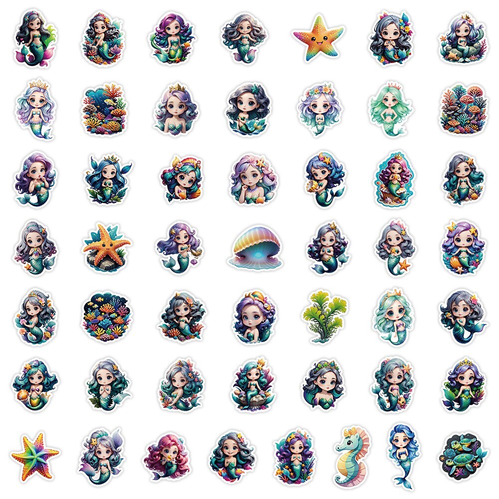 50 Pcs Stickers Cute Mermaid Luggage Skateboard Phone Laptop Bottle Window Car