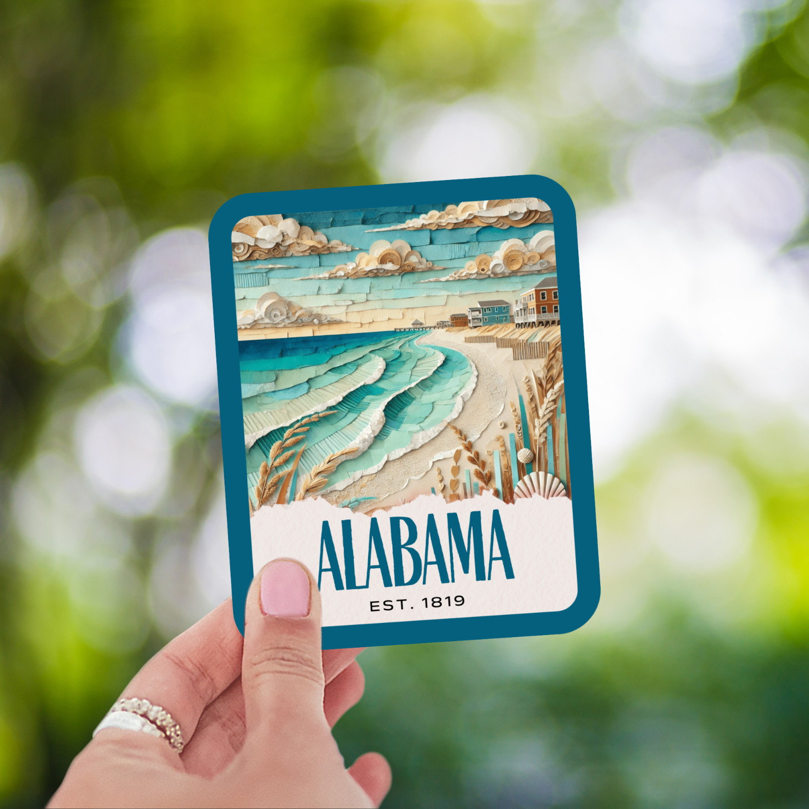 Gulf Shores Alabama Sticker, Paper Collage Look, Beach Scene Vinyl Decal