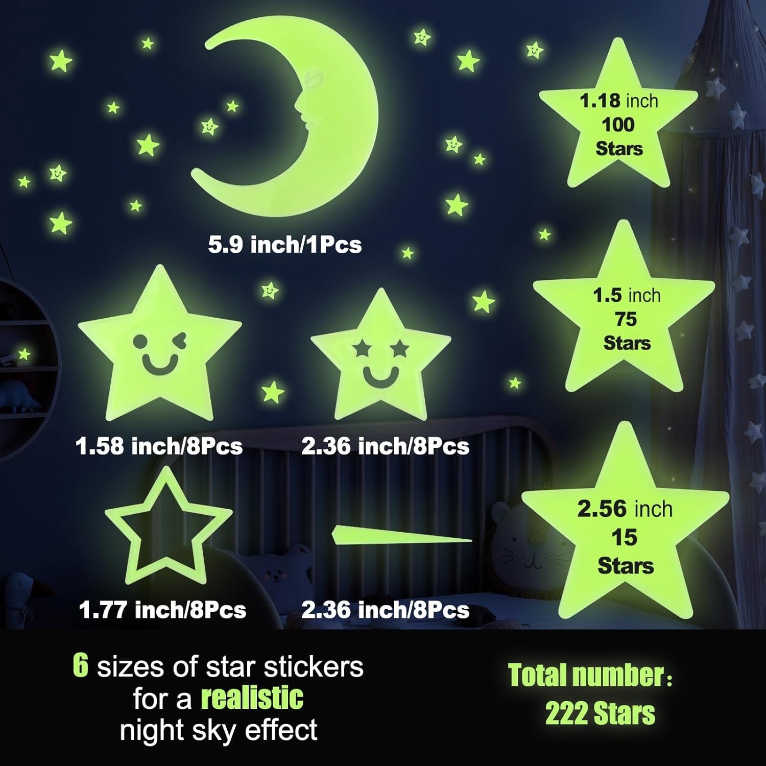 222 Glow in The Dark Star Stickers – Magical Room Decor for Kids & Teens