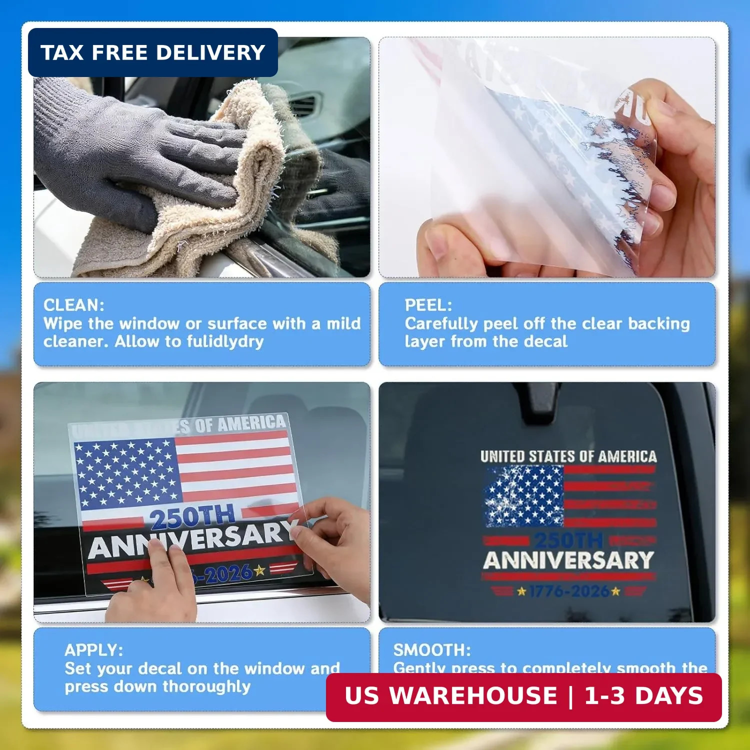 250th Anniversary USA Flag Decals – Vemfare American Patriotic Car Stickers, Ame