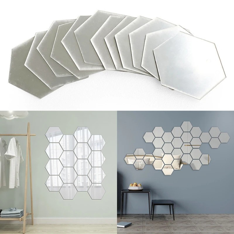 12 Silver 8*7 Hexagon Acrylic Stickers Mirror Wall Decals Dorm Rooms Decorations