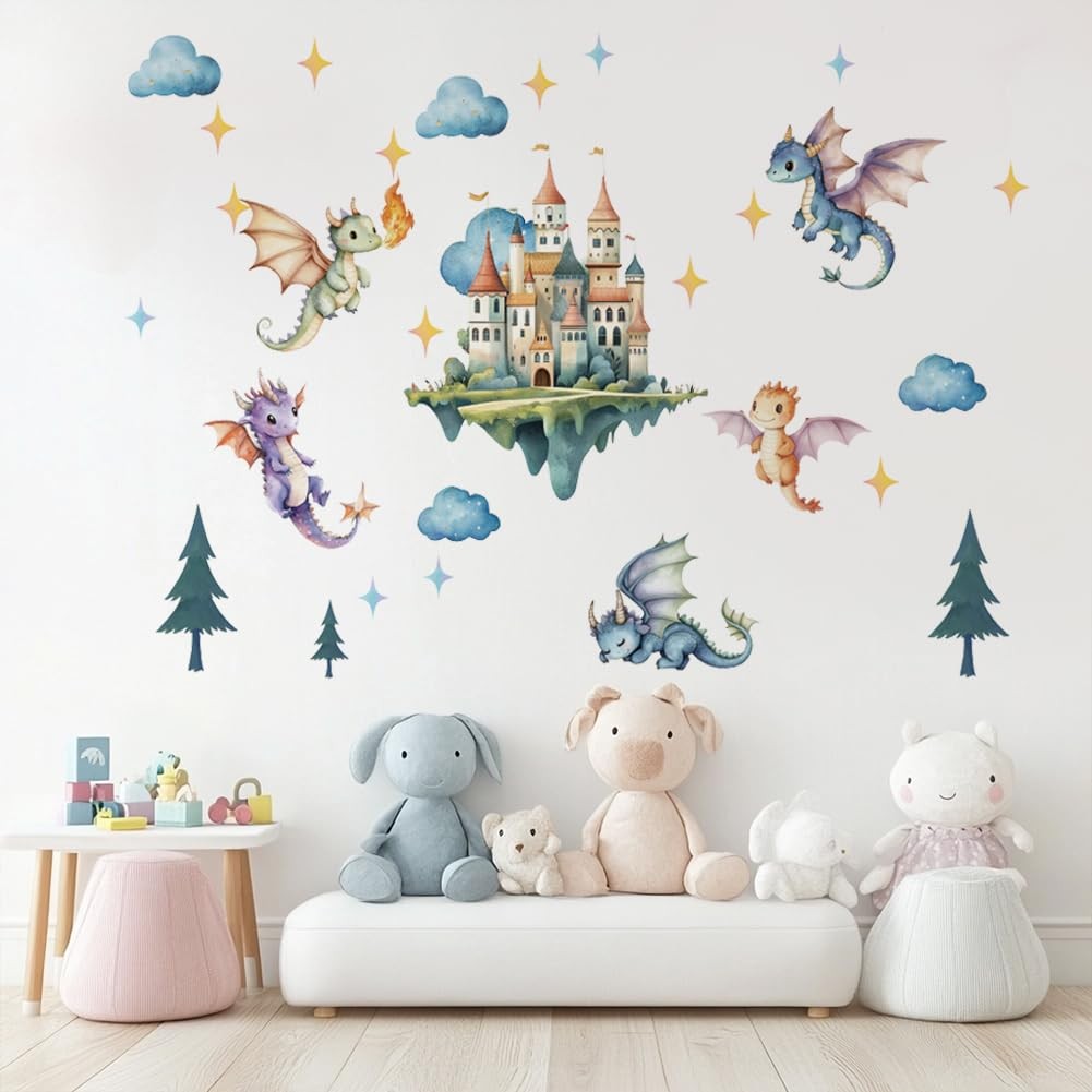 Flying Dragon Wall Sticker Cartoon Castle Wall Decal Peel and Stick Dragon Vi…