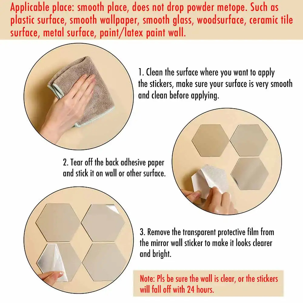 Hexagon Acrylic Mirror Wall Stickers Self Adhesive Tiles Room Home Decor Panels