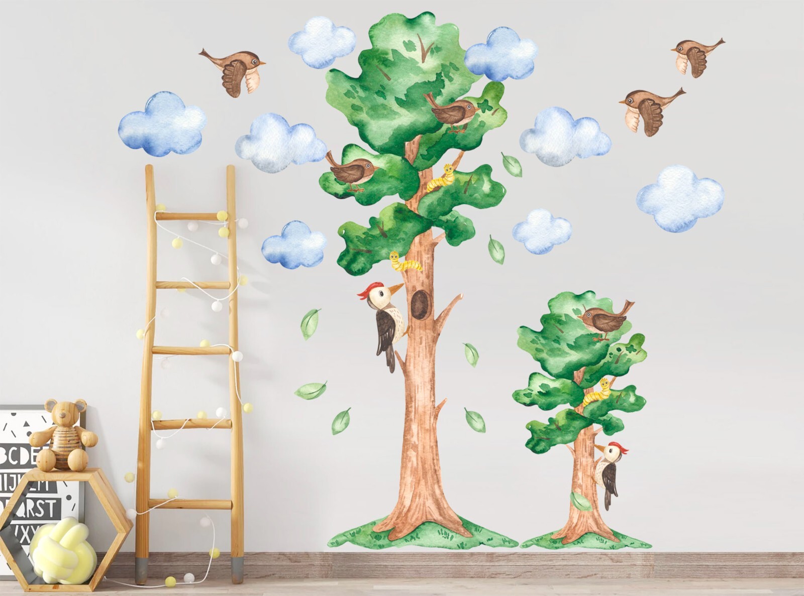 Woodpecker Birds on Tree Falling Leaves Wall Fabric Decal Set Sticker Kid Room