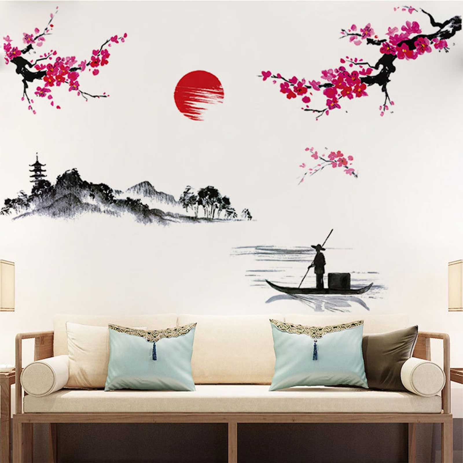 Large Japanese Wall Decor Stickers, Red Cherry Blossom Tree Wall Murals Mount…