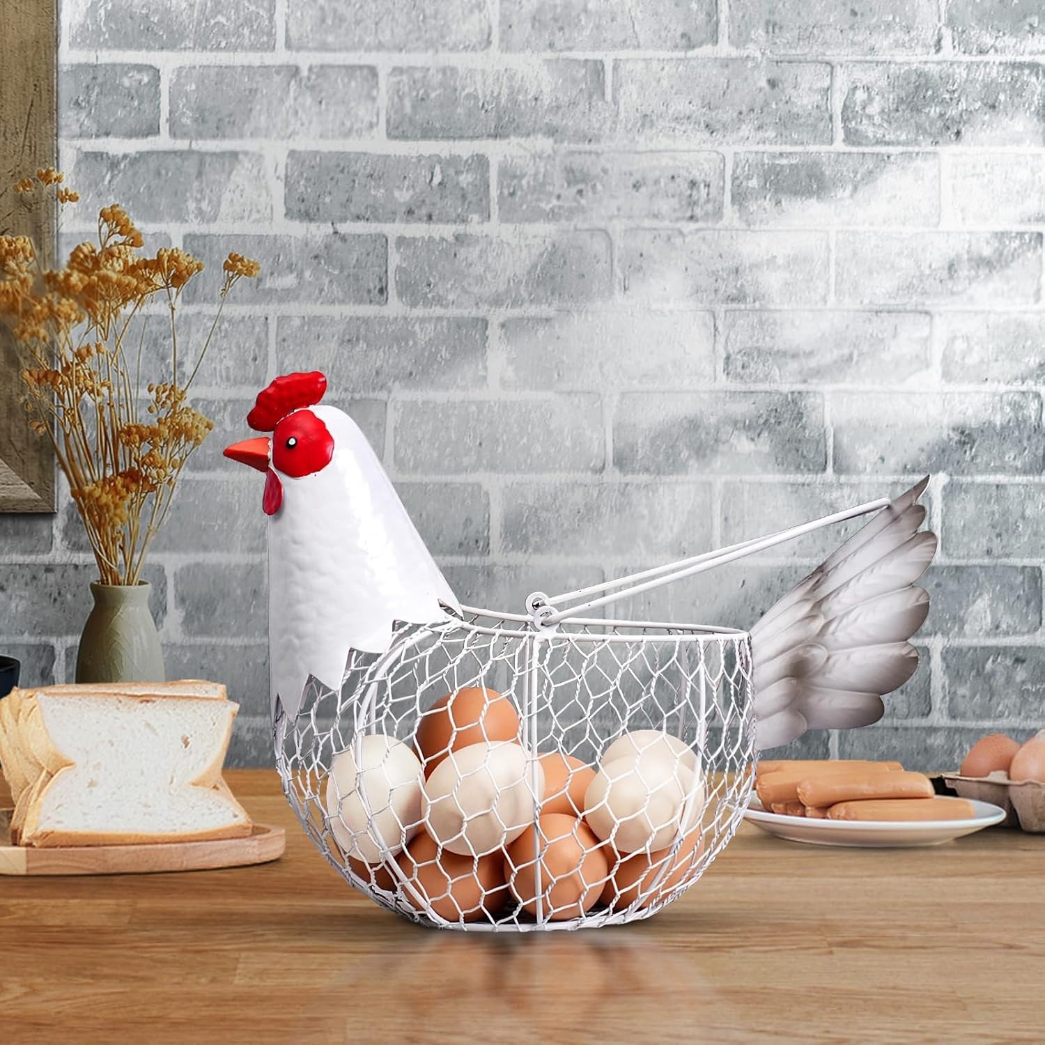 Farmhouse Rustic White Chicken Wire Metal Egg Basket with Handle,Vintage Rooster