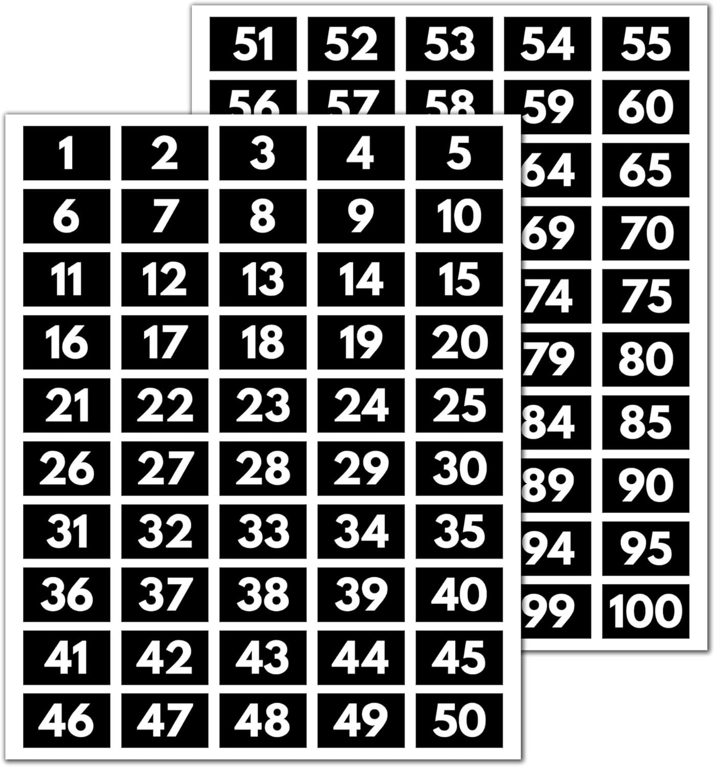 5 Sets, 1-100 Number Stickers Waterproof Vinyl – 1.5" x 1", White Numbers