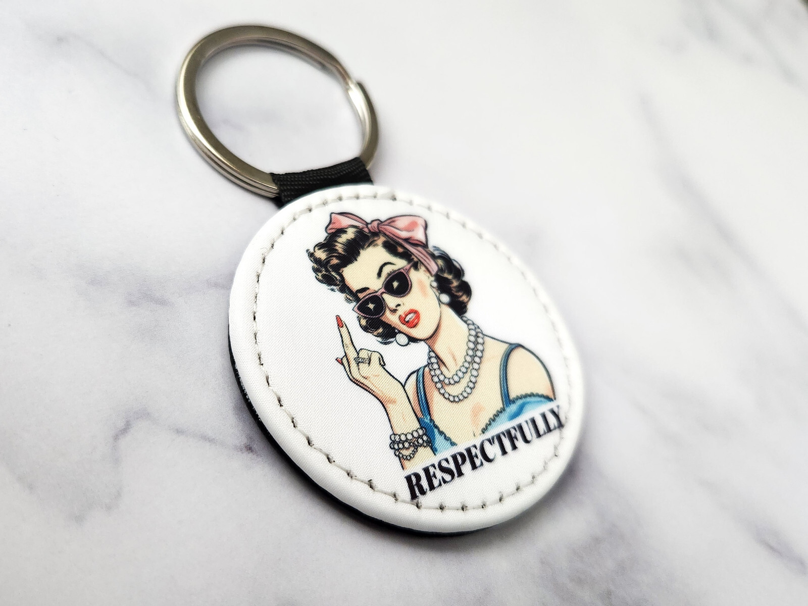 Retro "Respectfully" Middle Finger Keychain – PU Leather, 2×2 Inches