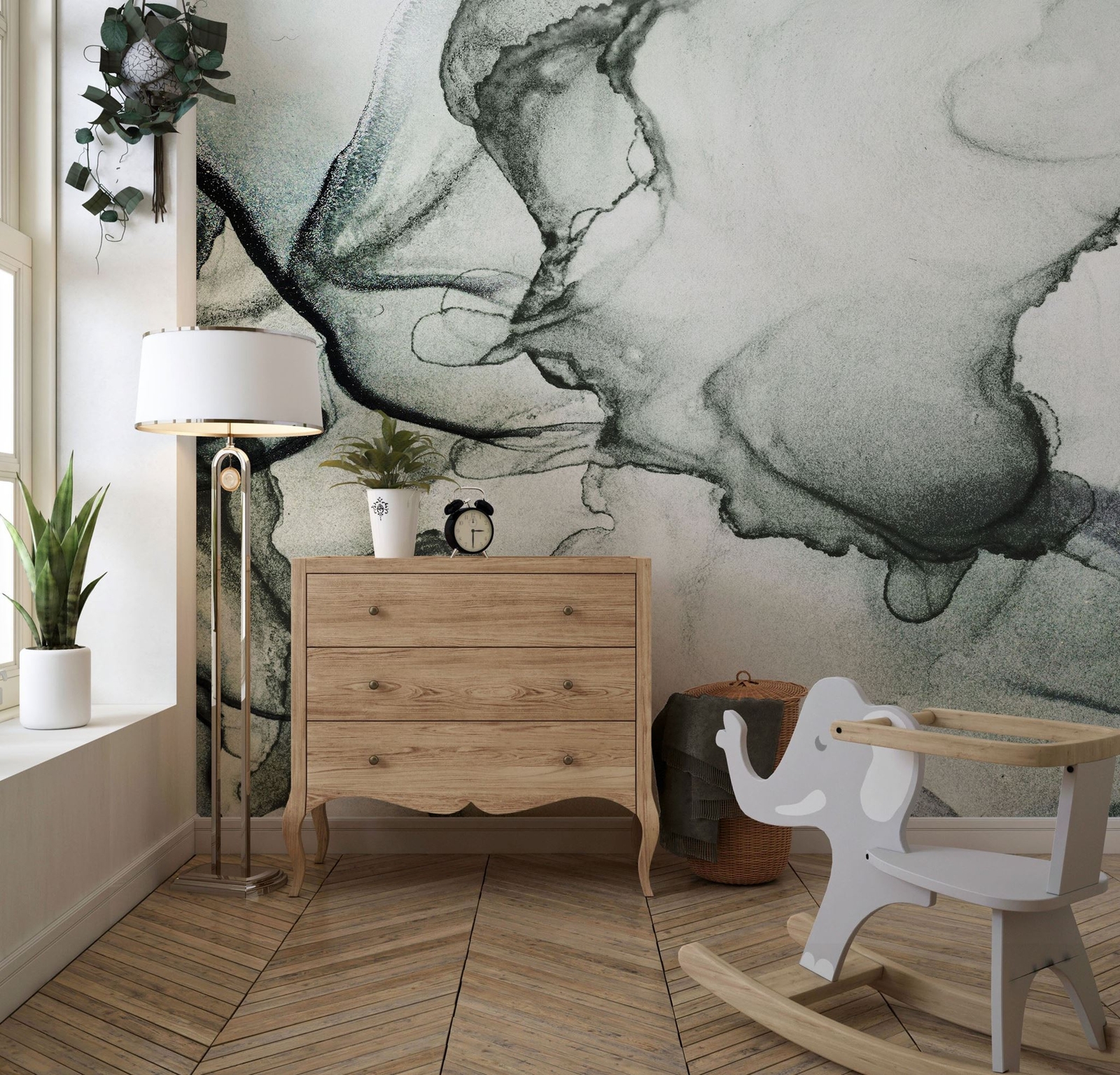 Abstract Black and White Fluid Alcohol Ink Painting Wall Mural. Peel and Stick W