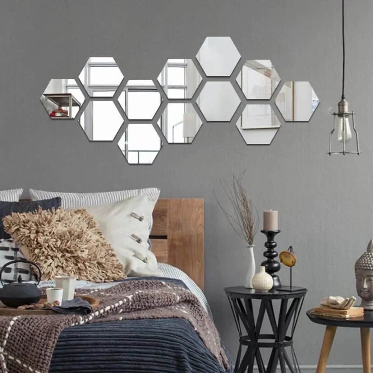 Mirror Adhesive Sticker Acrylic 12pcs Hexagon Decor 17.7cm x 15.3cm