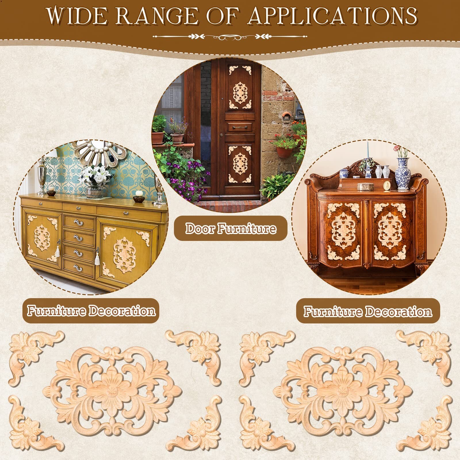 10 Pcs Wood Appliques Decorative Wood Appliques Onlays for Furniture Door Cen…