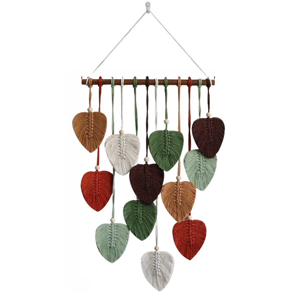 Bohemian Handwoven Cotton Tapestry with Leaf Design and Fringe for Wall Decor
