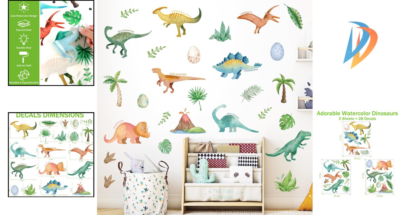 Reusable Watercolor Dinosaur Decals for Kids' Bedrooms, Nurseries & Classrooms