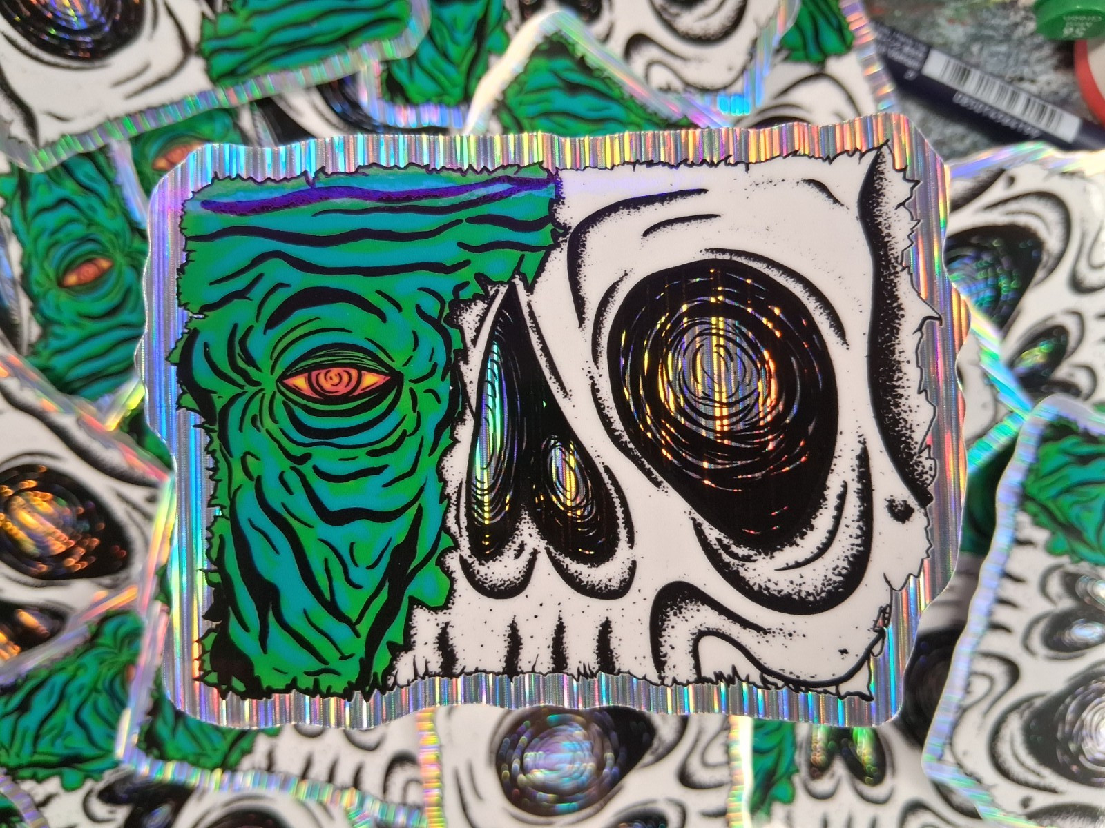 Holographic Whimsical Comic Surreal Creepy Zombie Skull Vinyl Sticker,Trippy Art