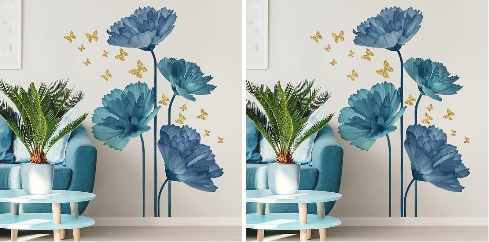 Large Blue Flower and Butterfly Wall Decals for Home Decor