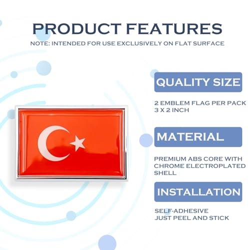 Turkey Flag Sticker Emblem Decal Turkish Car Chrome Flags, 2 Pack, 3 x 2 inches