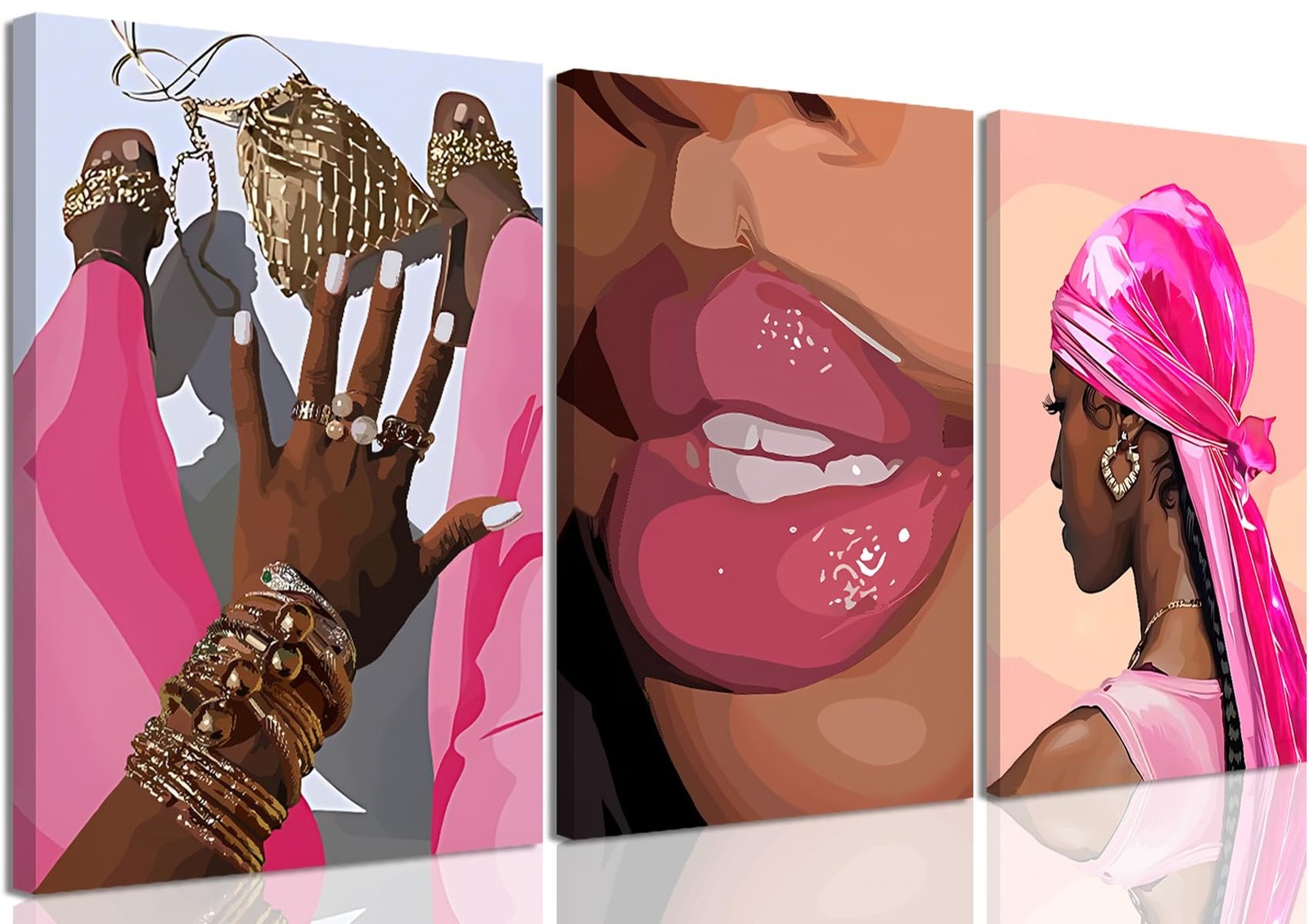 Black Girl Canvas Wall Art Set of 3 Pink African American Black Woman Wall De…