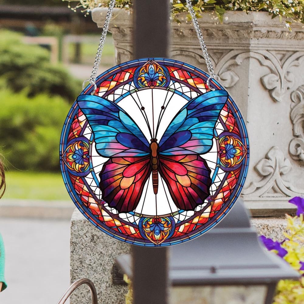 Round Butterfly Window Hanging Panel 11.8in Colorful Acrylic Suncatcher Decor