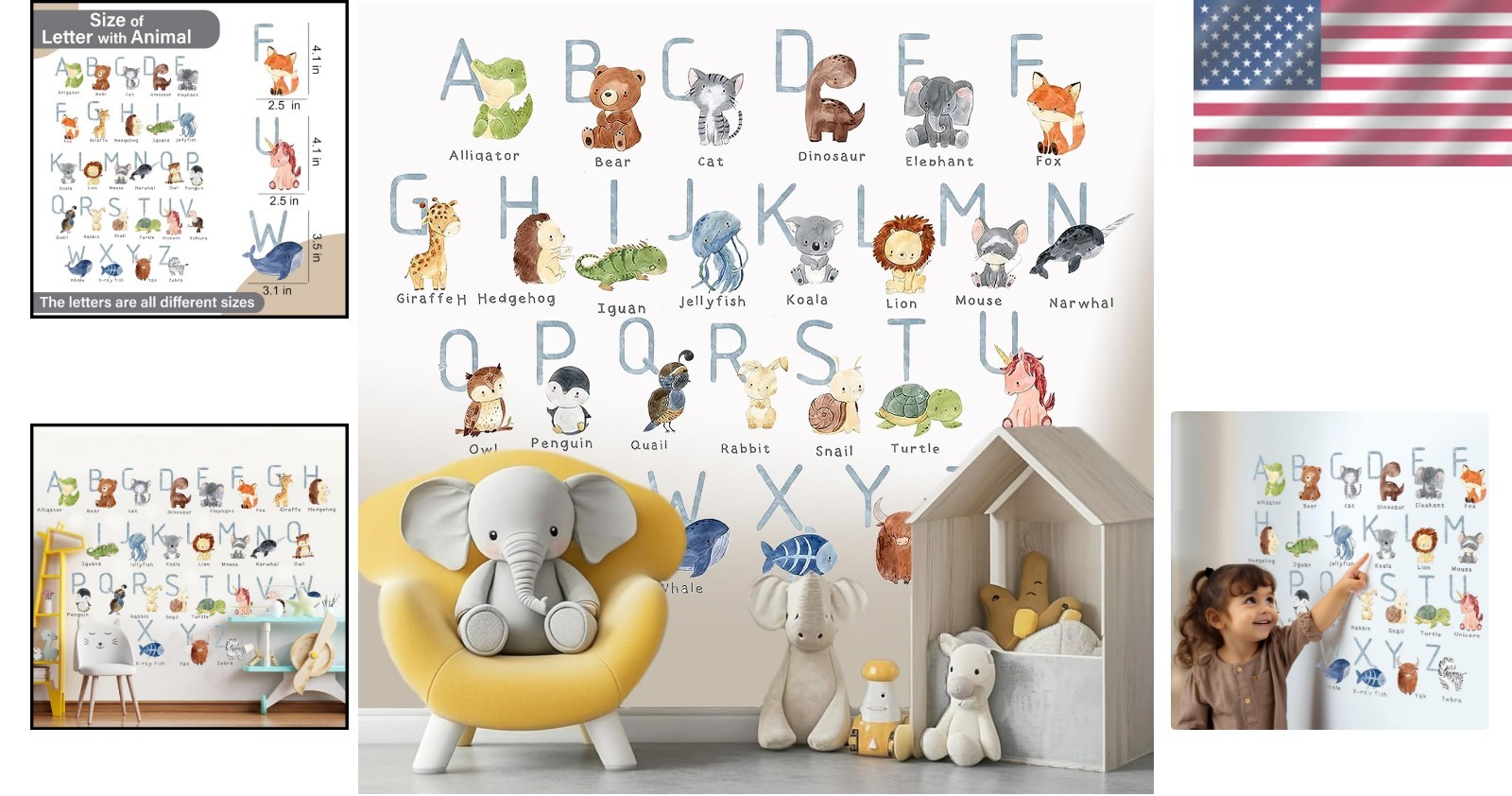 Alphabet Wall Decals for Kids Nursery Playroom Classroom Animal Letters