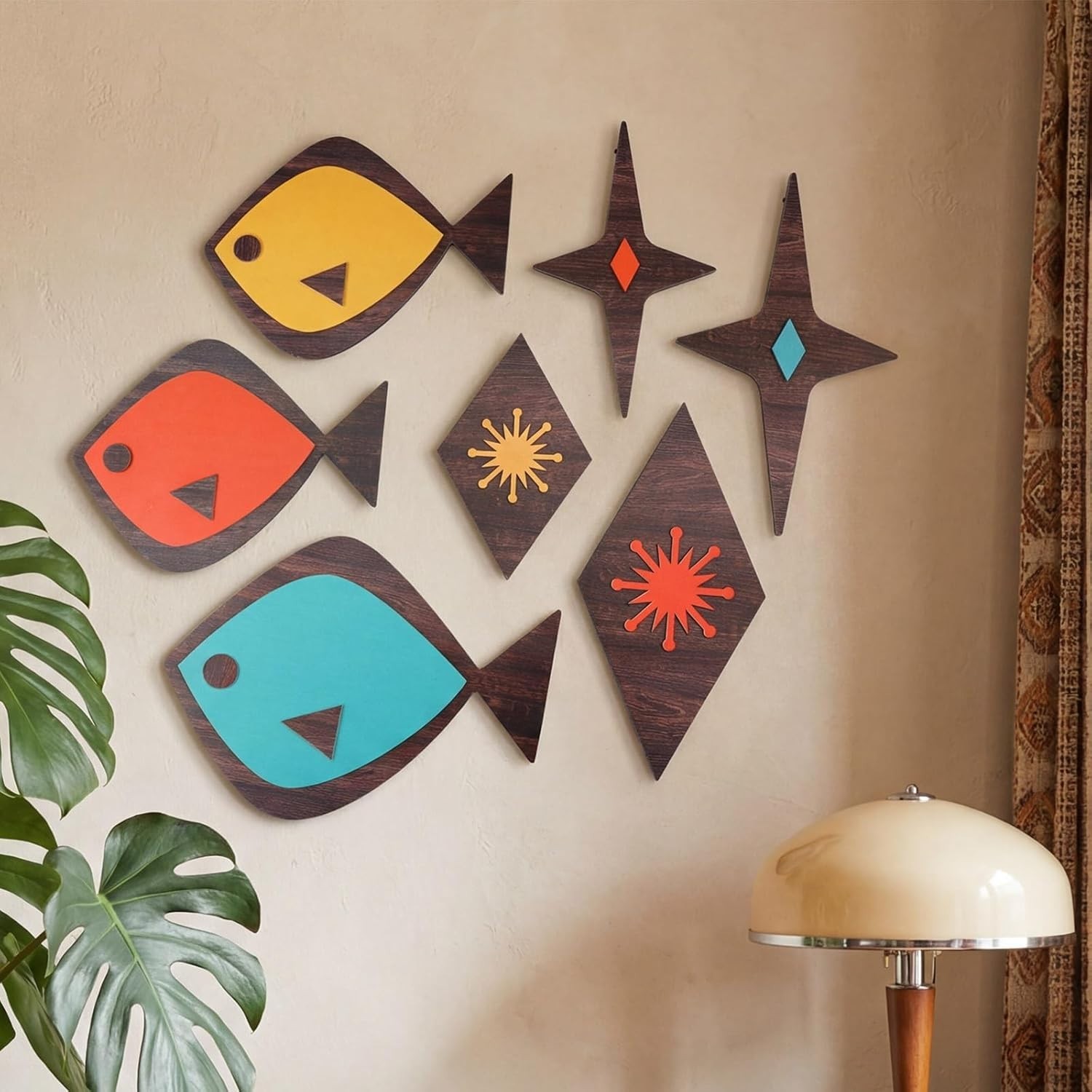 7 Pcs Mid Century Modern Wall Art Abstract Fish Wall Decor Retro Atomic Stars