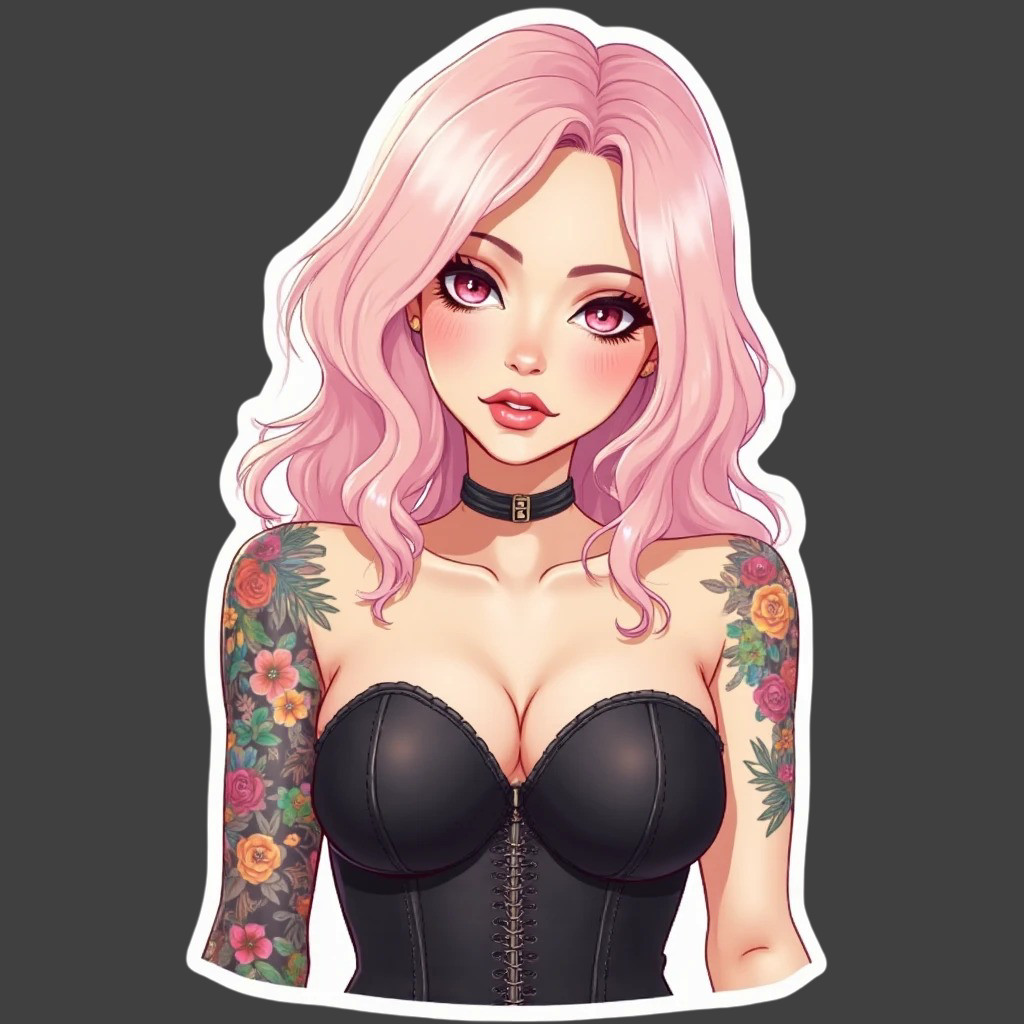 Pinup girl sticker vinyl decal pink hair corset choker floral tattoo anime