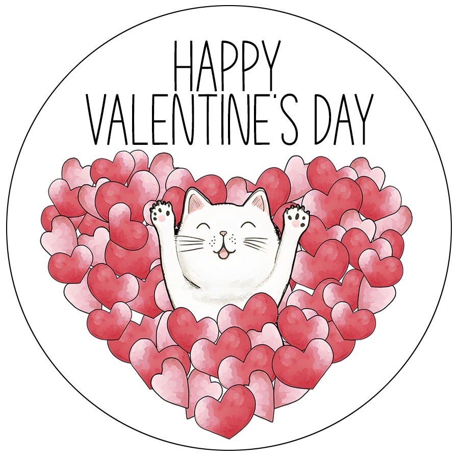 Happy Valentine's Day Cat Stickers 24 Circle Labels Hearts Round Envelope Seals