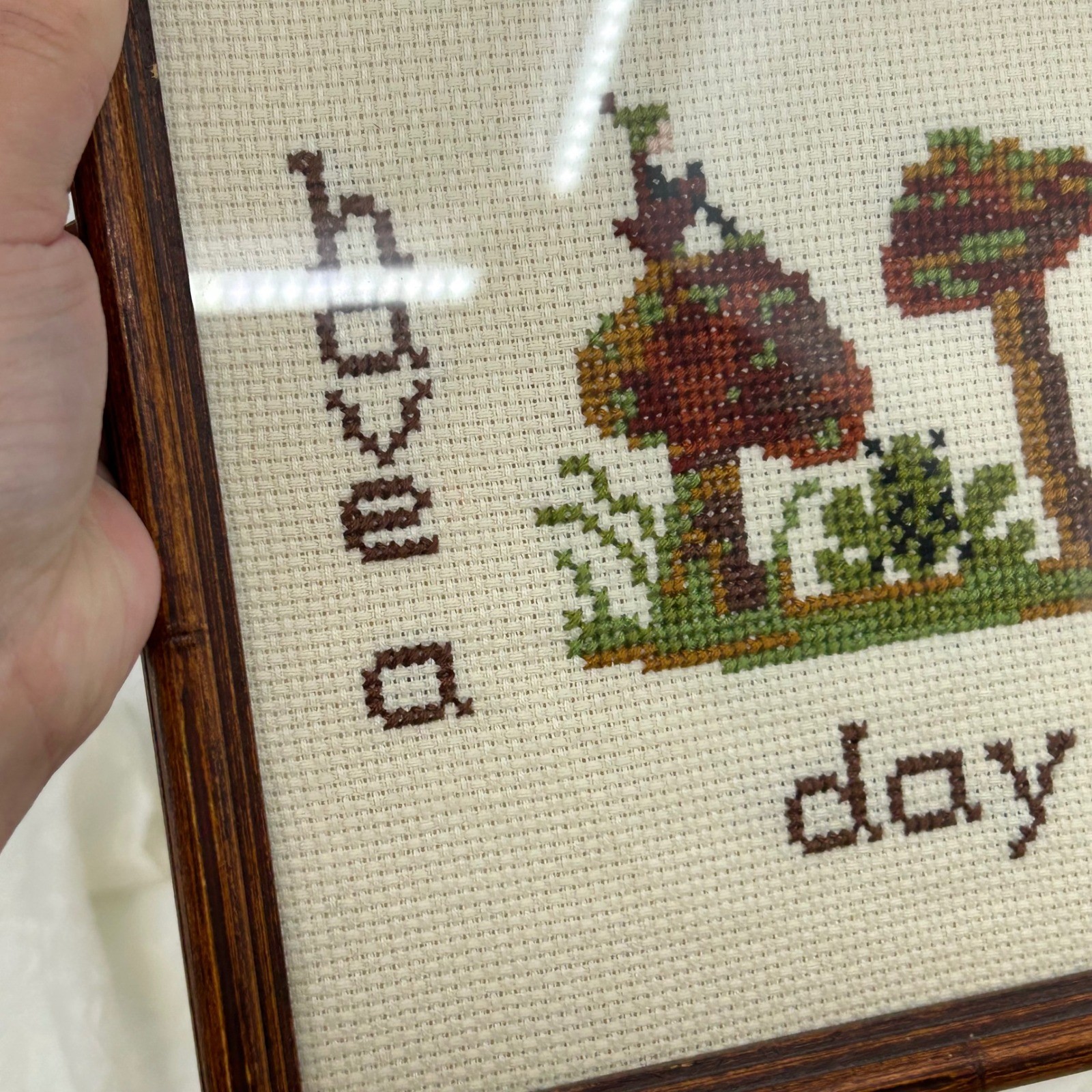 Vintage Cross Stitch Mushroom Pixie Frog Framed Wall Art Cottagecore Whimsical