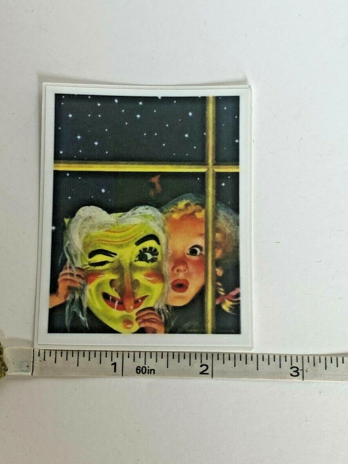 Vintage Halloween from the Window Girl Mask Vinyl Sticker 3" Fade Resistant