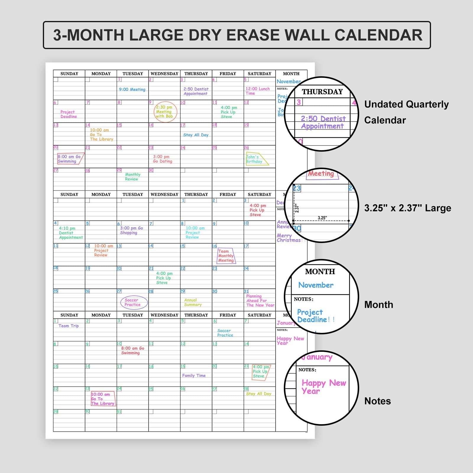 Large Dry Erase Calendar for Wall – 3 Month Vertical Wall Calendar, Reusable …