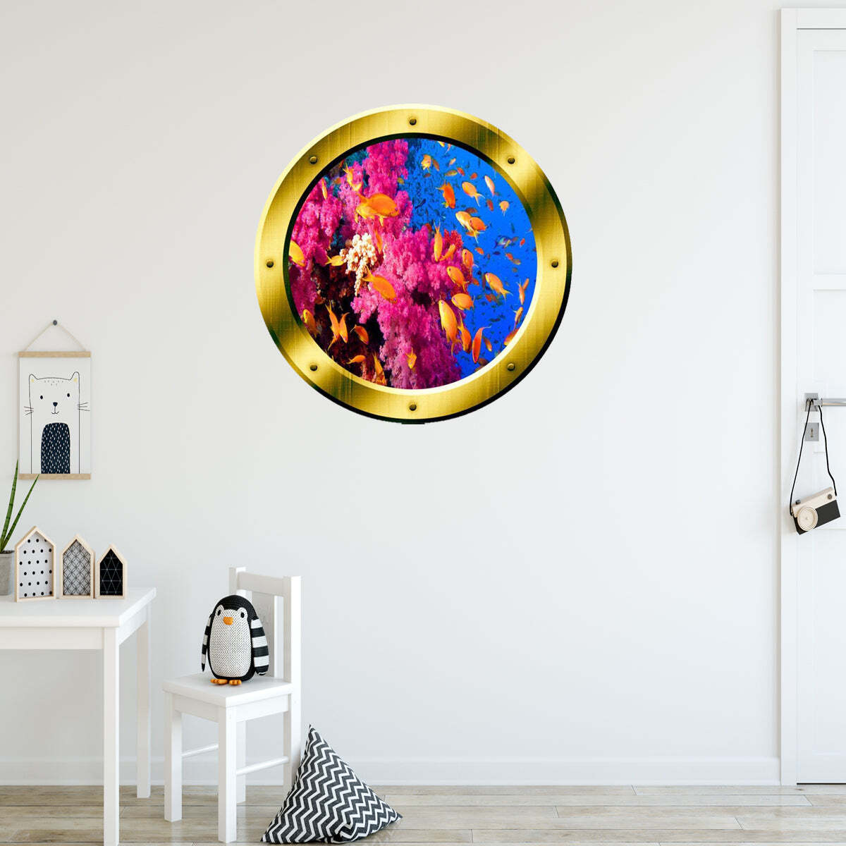 School of Fish Underwater Gold Porthole Scene Vinyl Wall Decal VWAQ – GP2