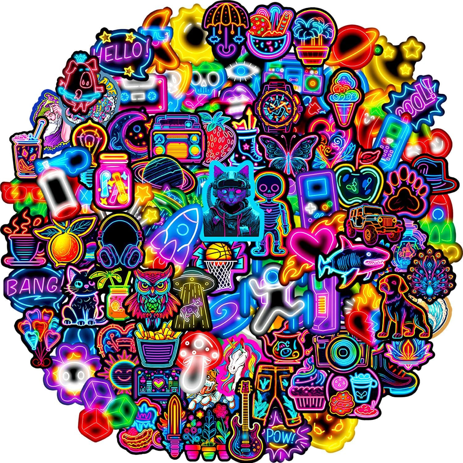 Water Bottle Stickers 100 Pcs Cool Cute Neon Sticker Packs, Prizes for Kids Clas