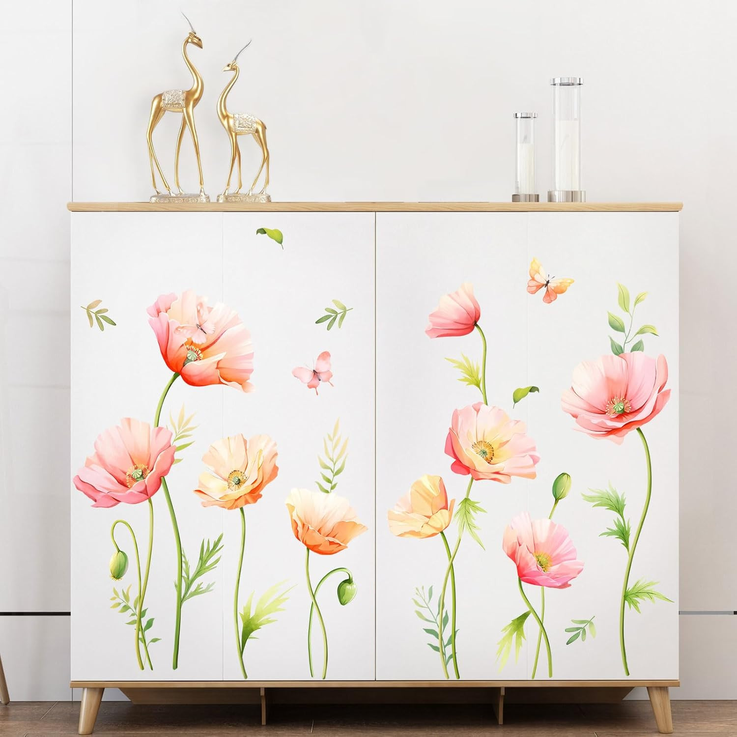 Large Pink Floral Wall Decals Poppy Flower Butterfly Multi-colored