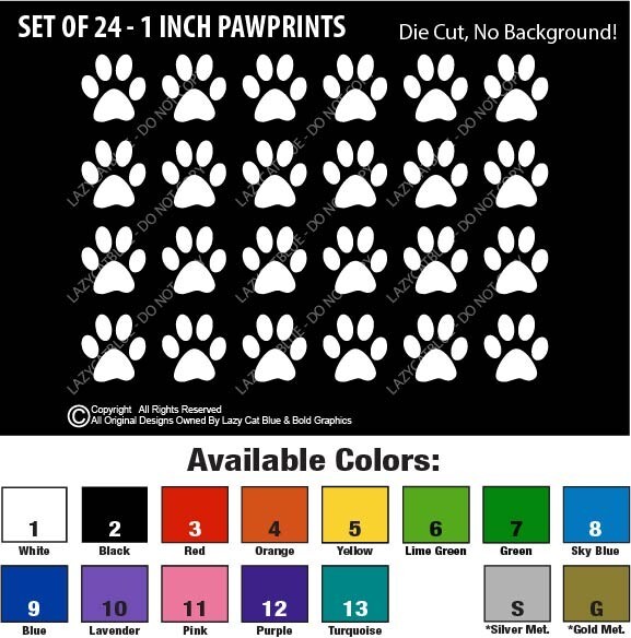 Set of 24 – 1 Inch Pawprint Decal Bundle Sticker Pet Dog Cat Paw Prints Breeds