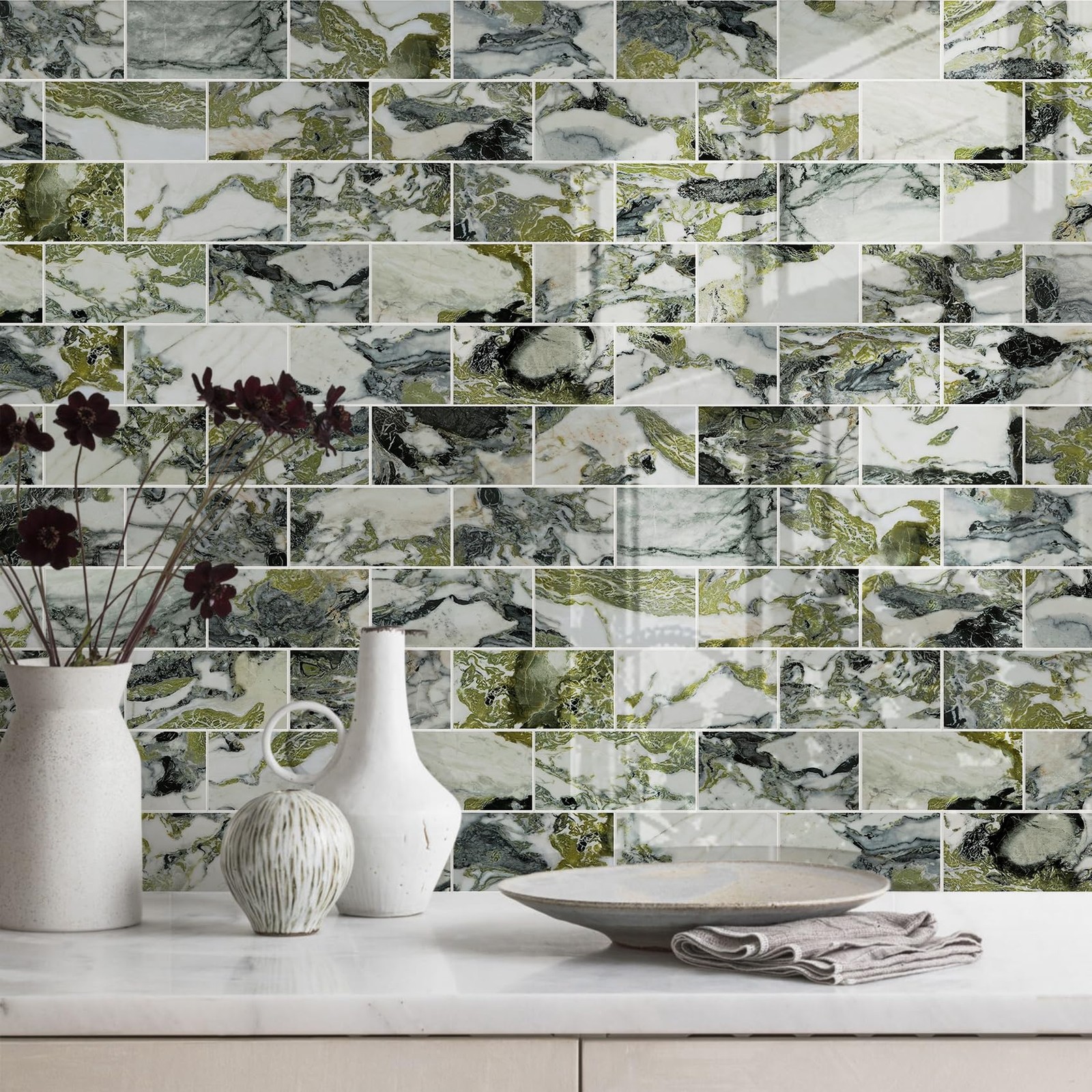 100-Piece Glossy Ice Green Peel and Stick Backsplash Tile,3"x6" PVC Subway …