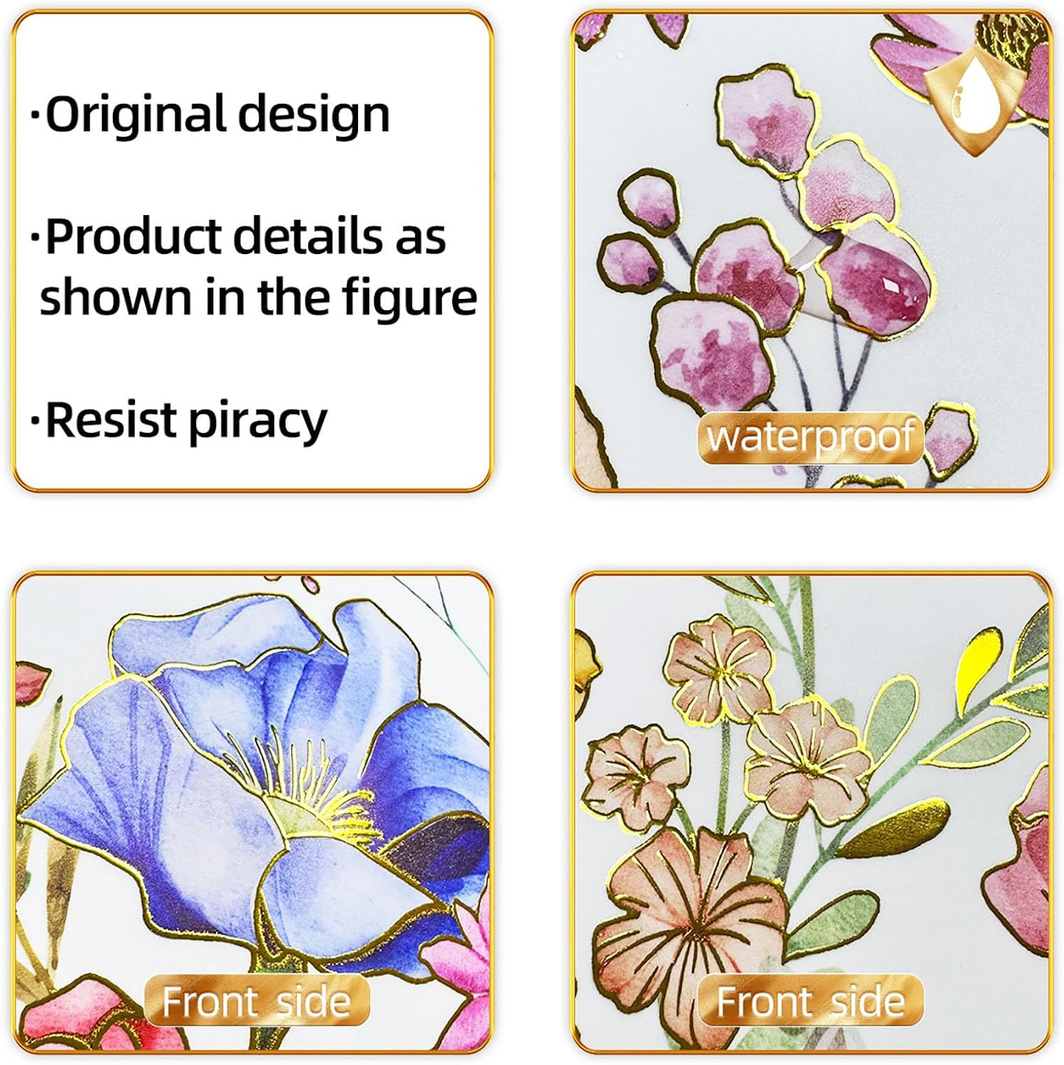 Gold Flower Wall Decals Blue Pink Floral Wall Sticker Creative Lotus Peel and St