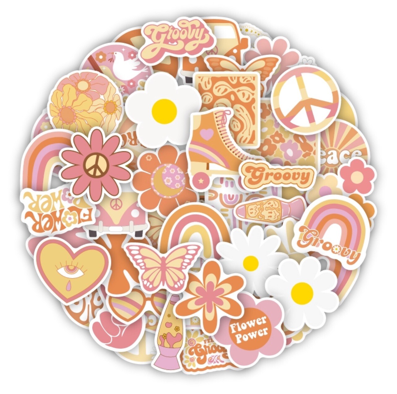 50 PCS Retro Hippie Life Stickers Groovy Peace Love Decals Laptop Hydro Set B