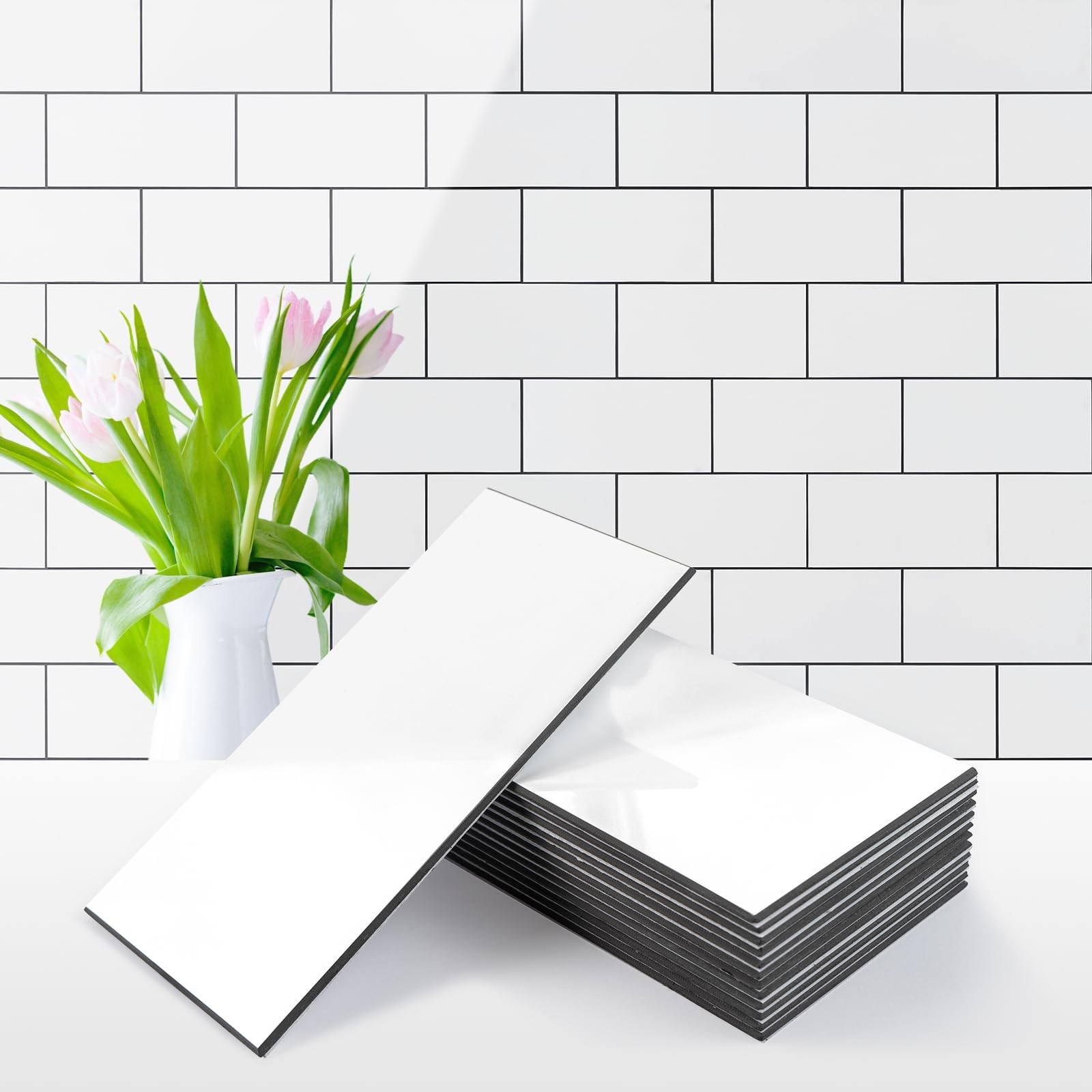 Vamos Tile 100Piece Glossy Pure White Peel and Stick Backsplash Tile,3"x6" …