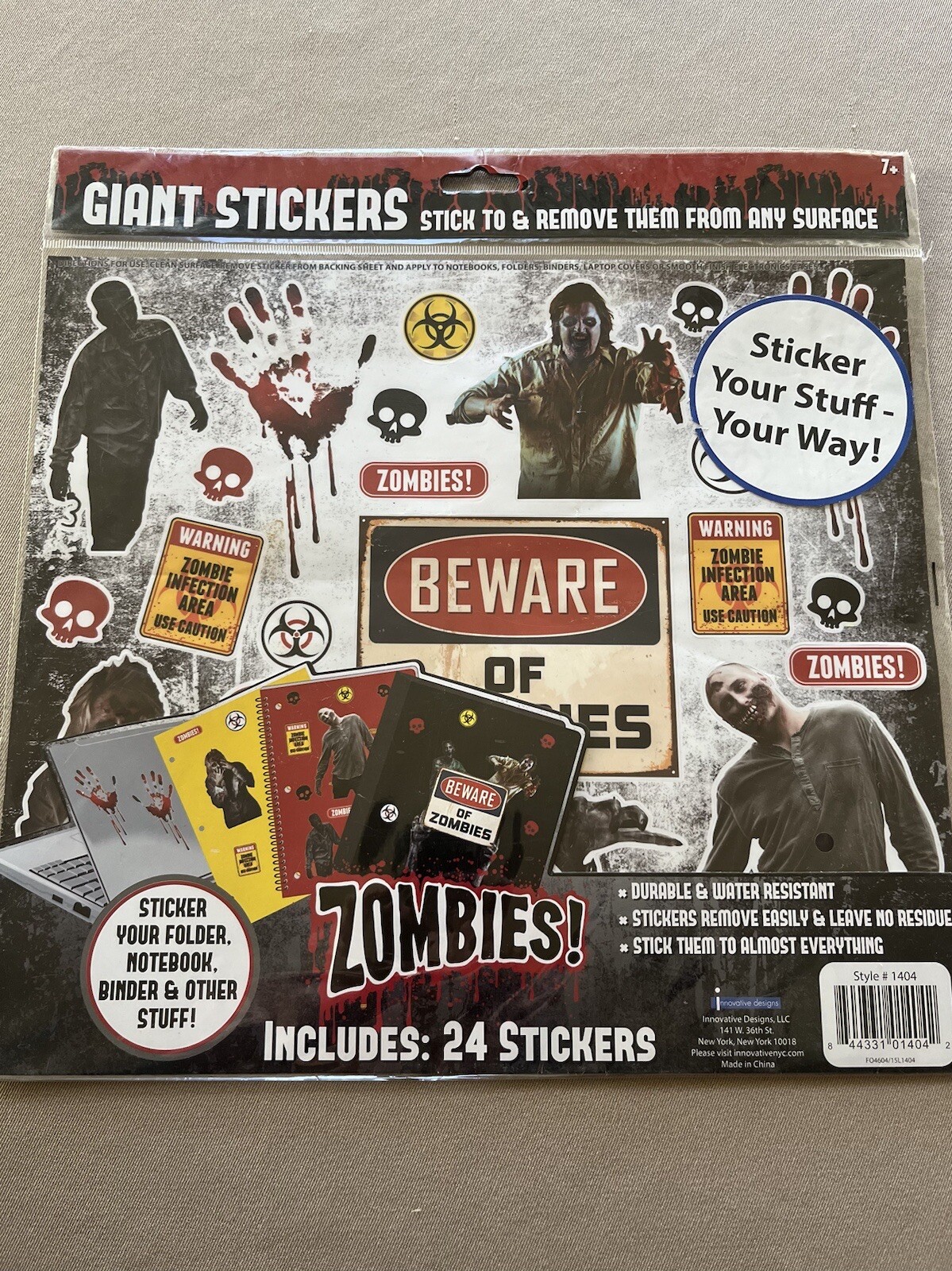 1 Giant Sheet Zombies Stickers~Sheet Is 10 1/2” X 11 3/4” & Has 24 Stickers, New
