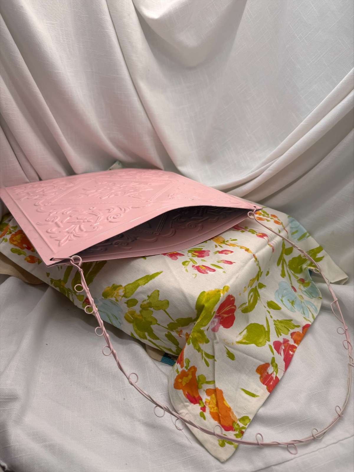 Pink Metal Embossed Floral Tin Tile Wall Pocket Hanging Planter 15" Shabby Chic