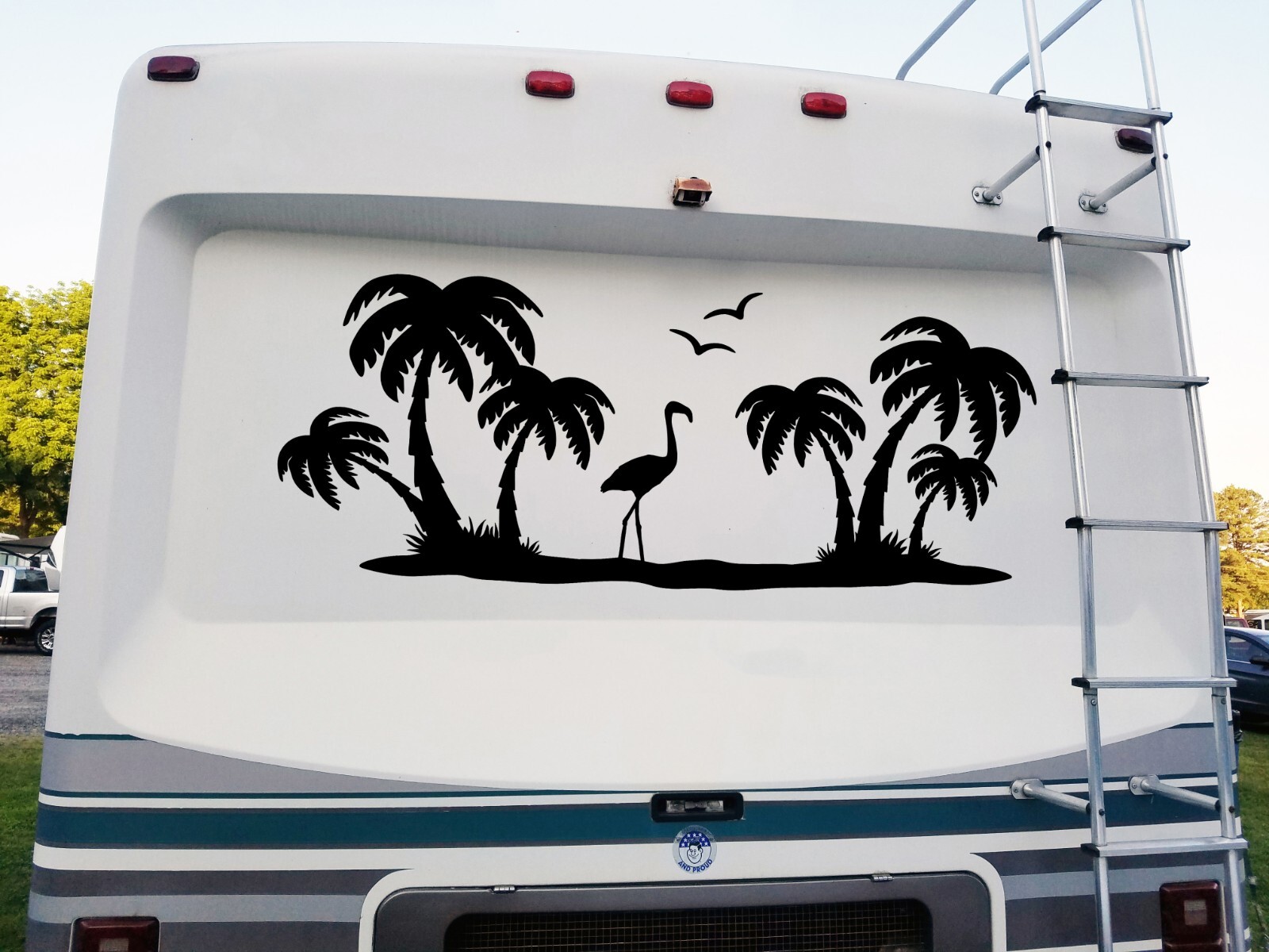 Palm Trees Beach Scene Vinyl Decal V12 | Seagulls Flamingo Sunset RV | Sticker