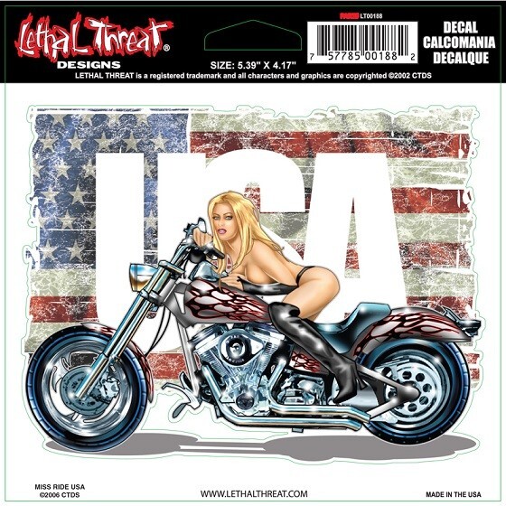 NEW LETHAL THREAT MISS RIDE USA CHOPPER DECAL STICKER 5.25"x4" LT00188