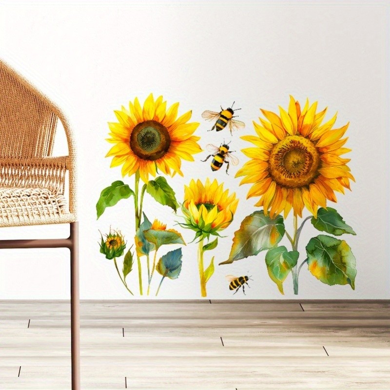 1pc Sunflower and Bee Wall Sticker, PVC Self-Adhesive Sticker