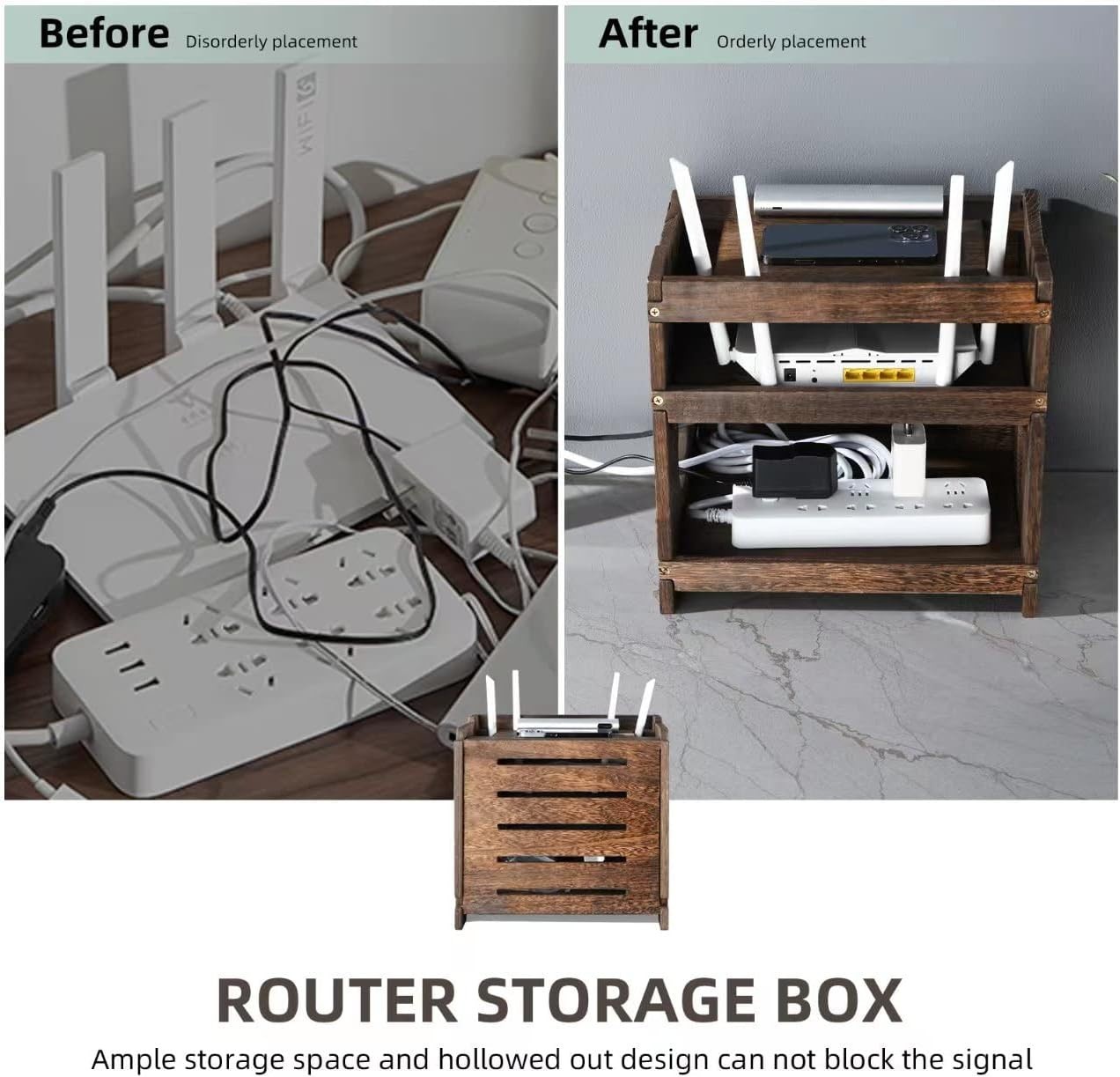 Wooden Wireless WiFi Router Storage Box Modem Router Cover Wood Shelf Power S…