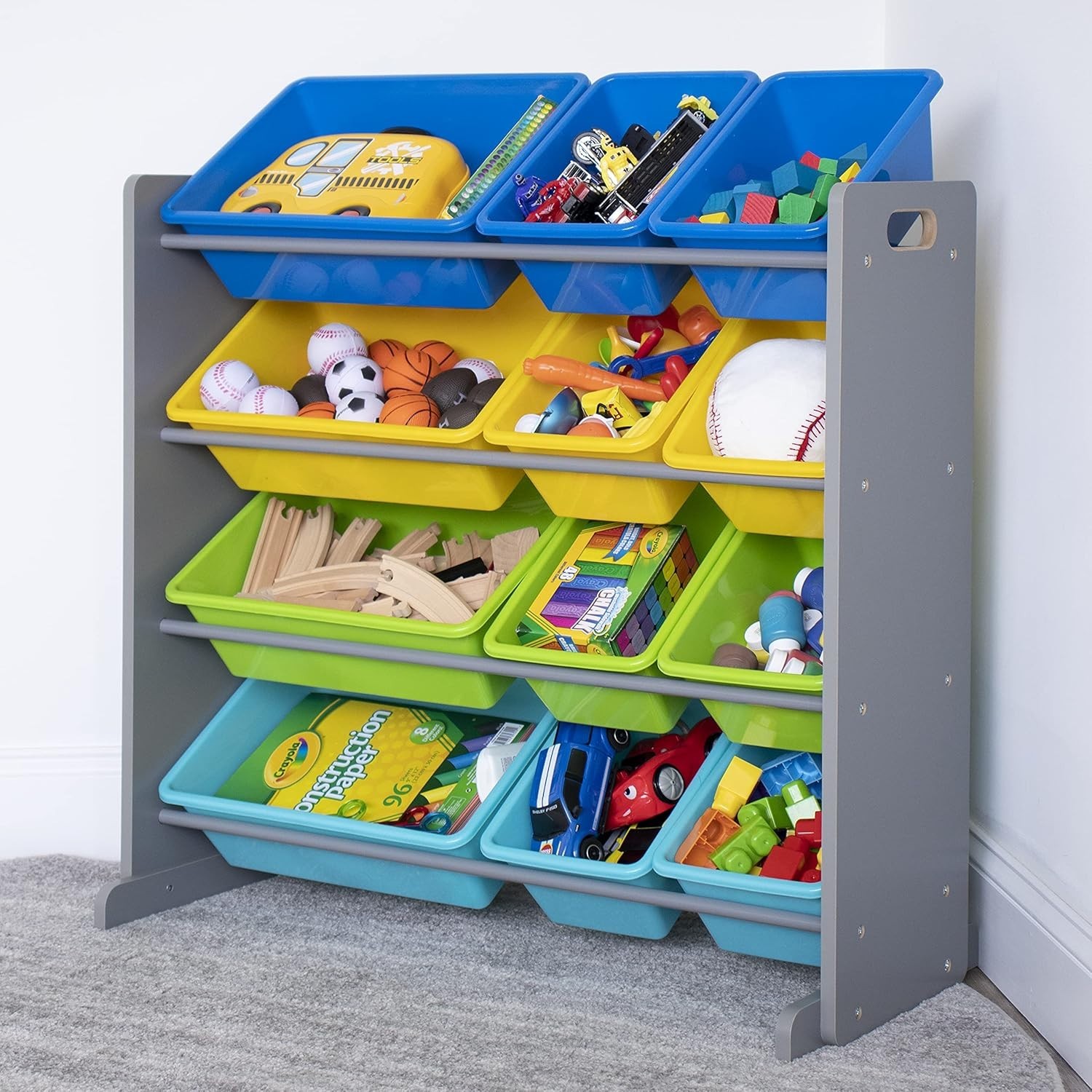 Kids Toy Storage Organizer with 12 Plastic Bins, Grey/Blue/Green/Yellow – Remova